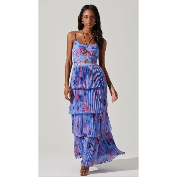 ASTR The Label Daytona Pleated Floral Maxi Dress Periwinkle Pink Medium - Picture 1 of 9